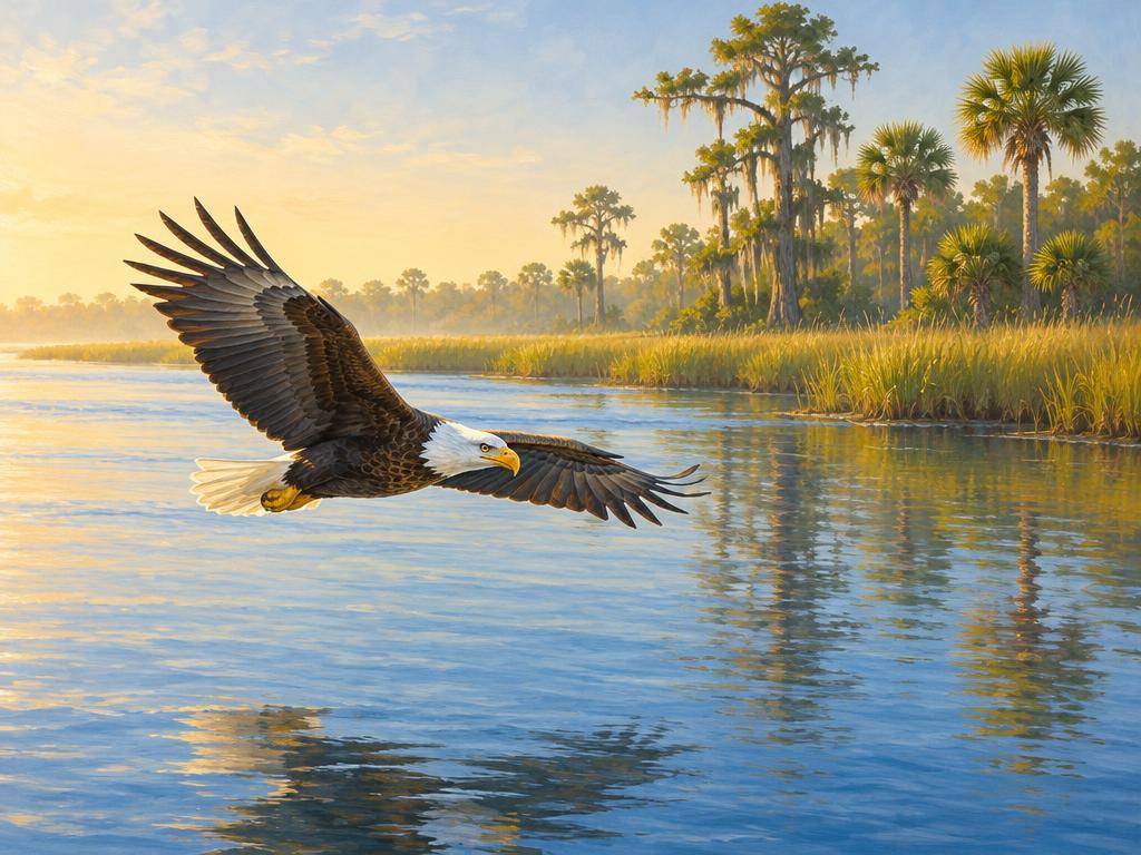Illustration of a bald eagle flying low over a broad river lined with marsh grass, cypress, and palms