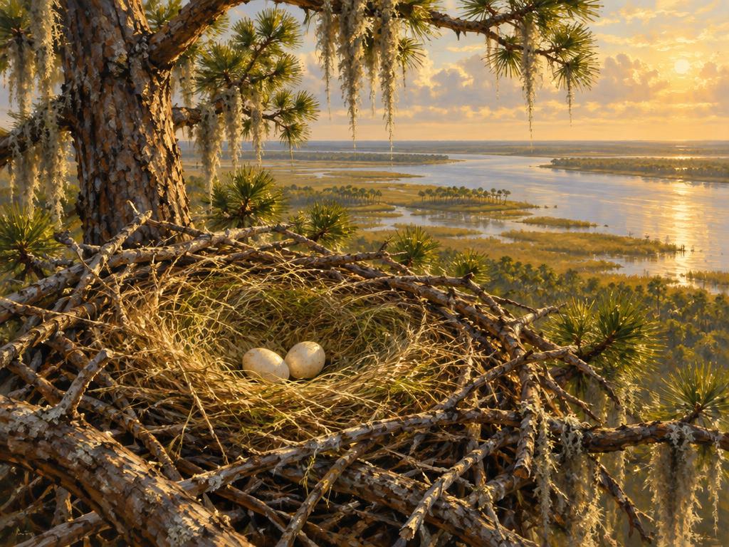Illustration of a large stick nest in a pine, lined with grass and holding two eggs, above a marsh