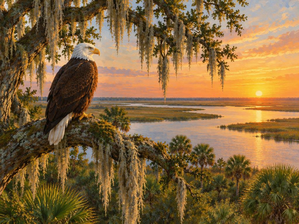 Illustration of an adult bald eagle on a moss-draped live oak branch above a tidal marsh at sunrise